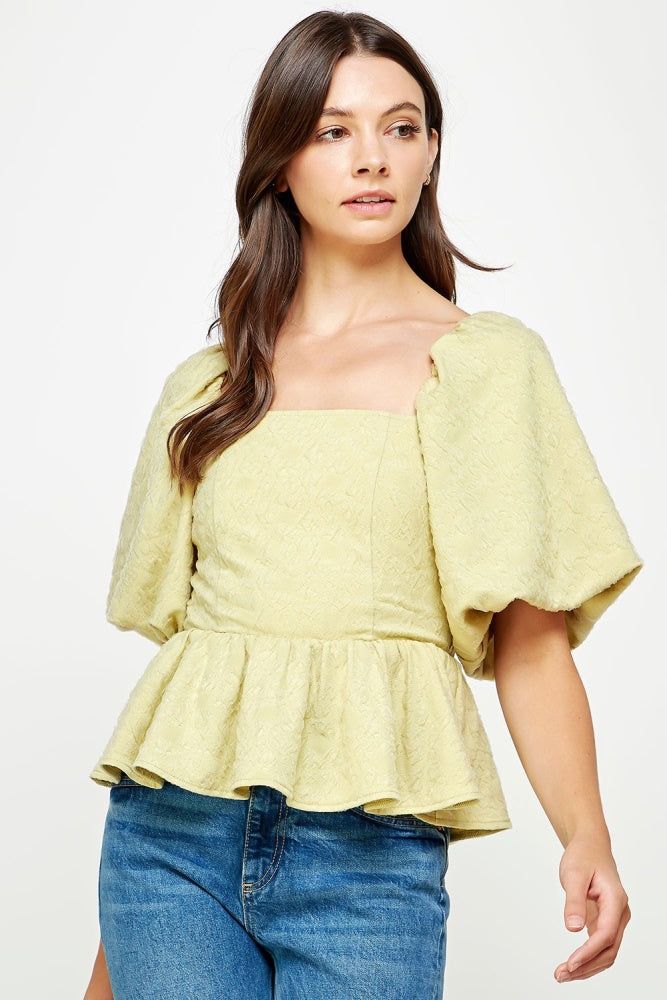 Mint Balloon Sleeve Jacquard Top sold by Pinkblush