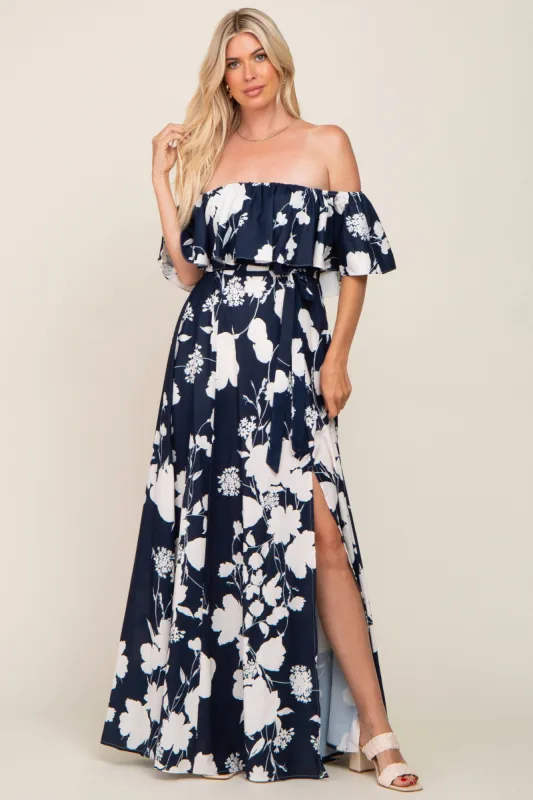 Navy Blue Floral Overlay Off-Shoulder Side Slit Maxi Dress sold by Pinkblush
