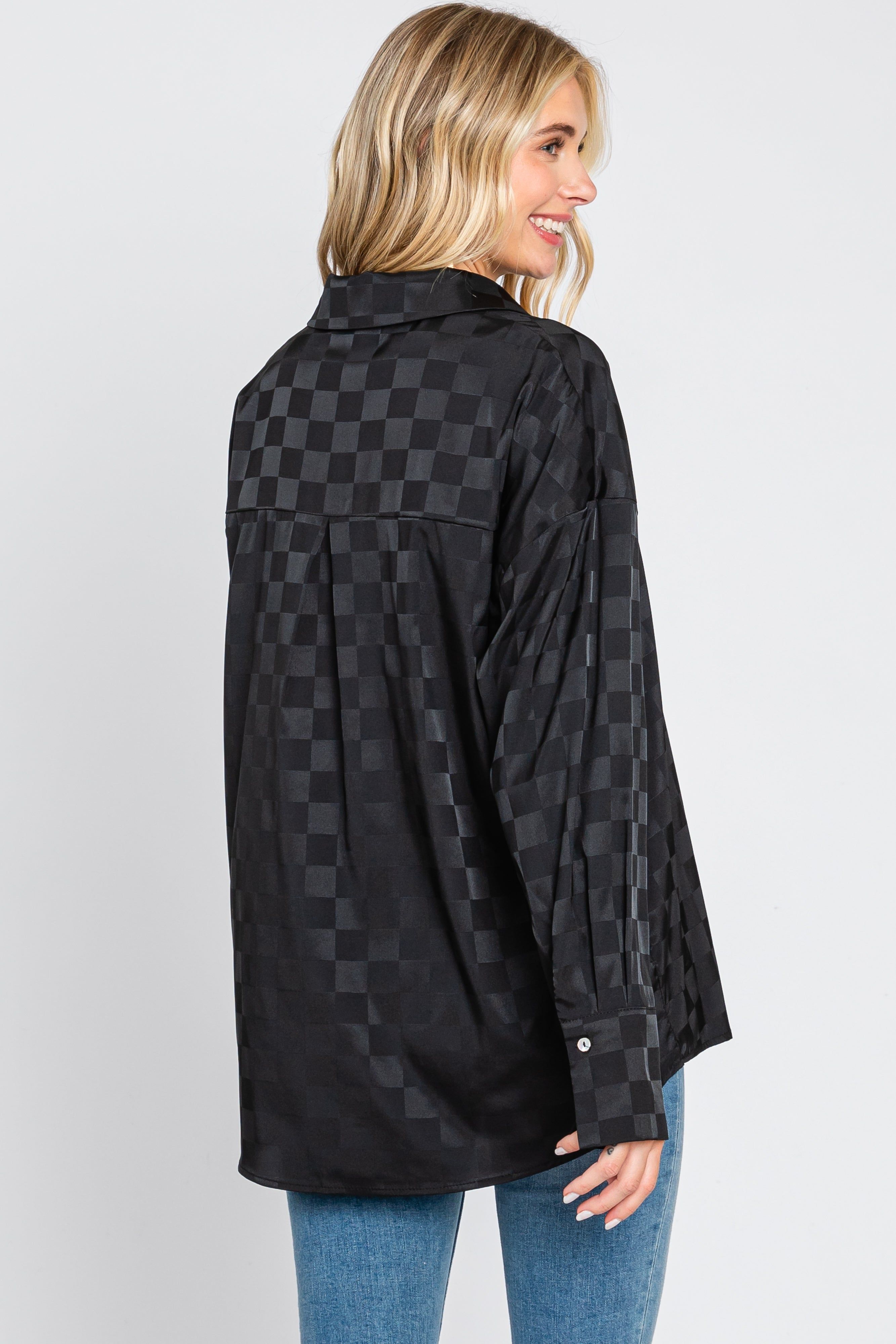 Black Checkered Satin Button Up Top sold by Pinkblush product image thumbnail 3