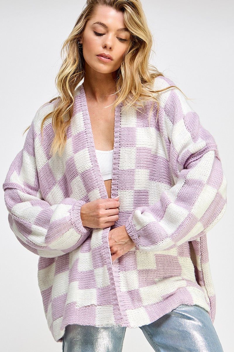 Lavender Checkered Oversized Cardigan sold by Pinkblush