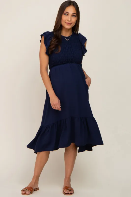 Navy Smocked Layered Ruffle Flutter Sleeve Maternity Midi Dress sold by Pinkblush