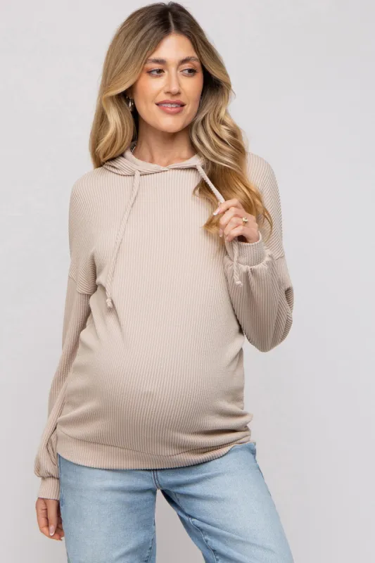 Taupe Ribbed Hooded Maternity Top sold by Pinkblush