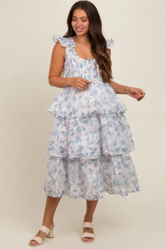 Grey Floral Smocked Tiered Layered Maternity Midi Dress sold by Pinkblush