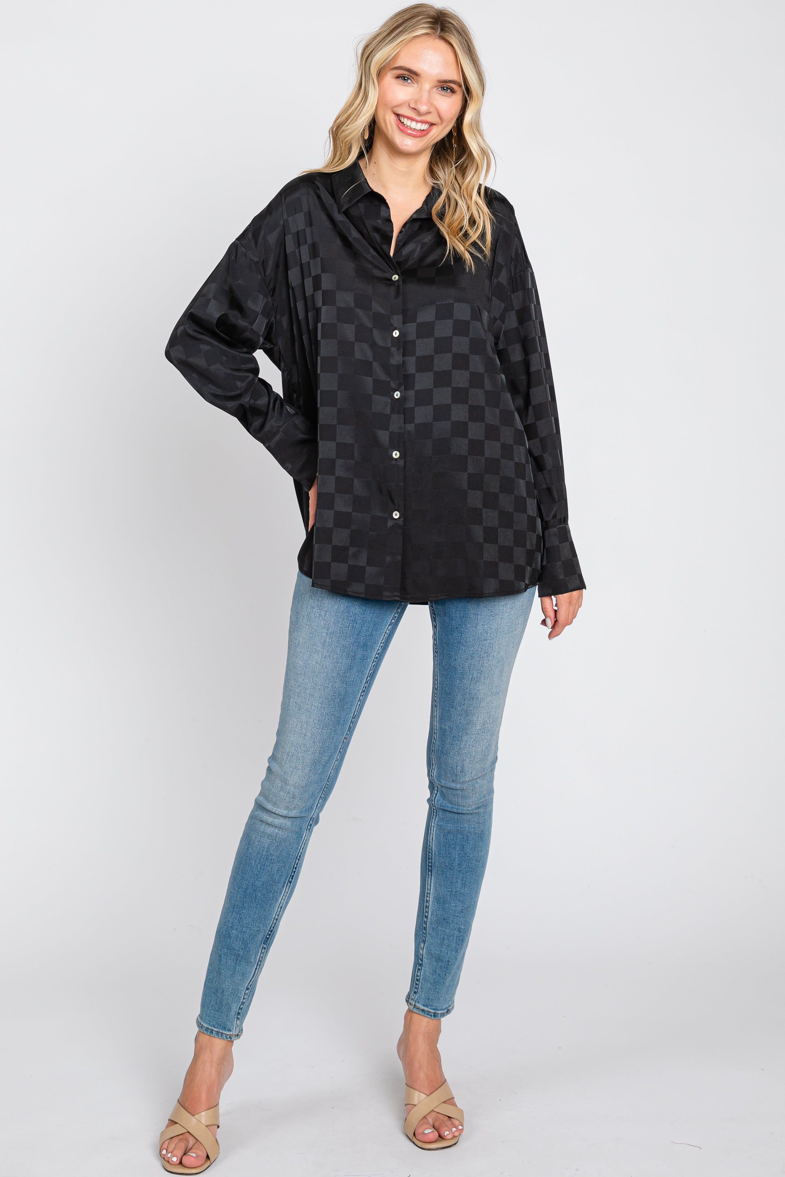 Black Checkered Satin Button Up Top sold by Pinkblush product image thumbnail 4