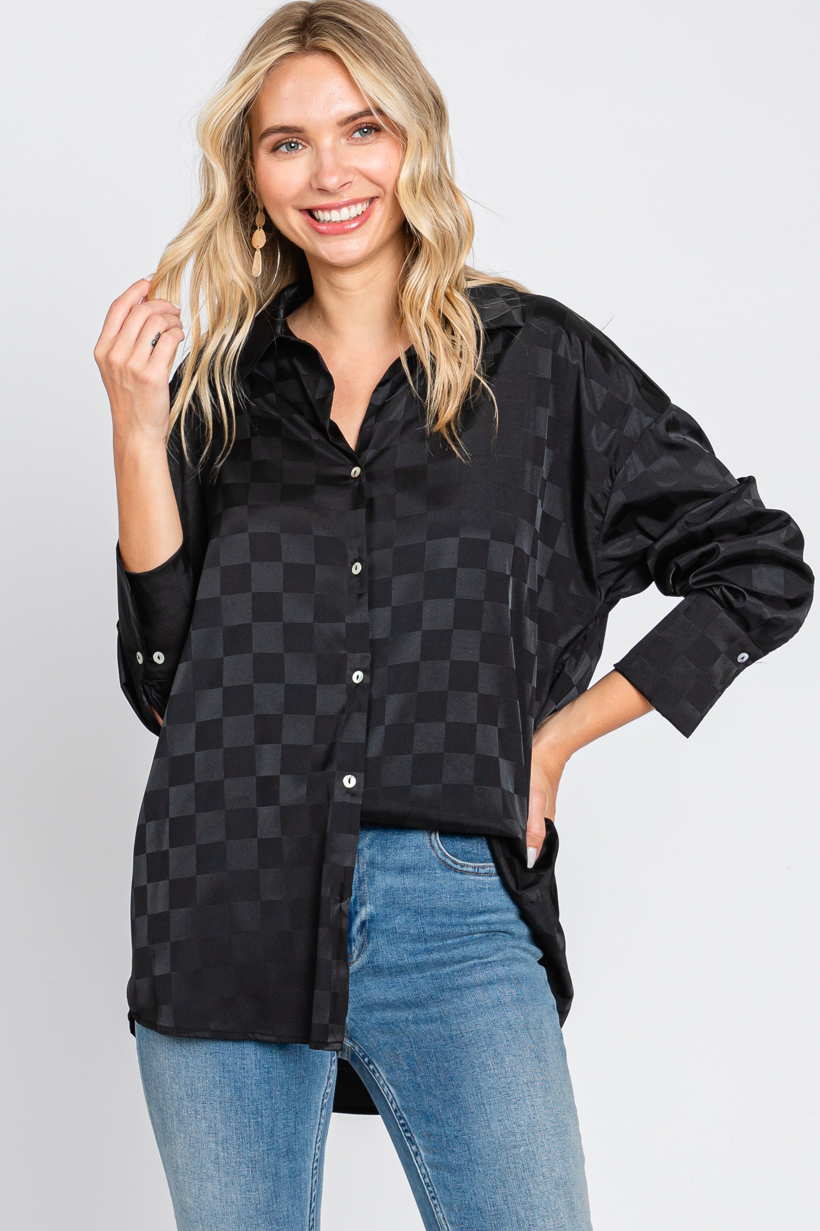 Black Checkered Satin Button Up Top sold by Pinkblush