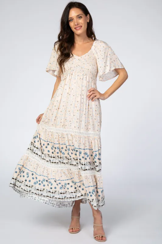 Cream Printed Smocked Midi Dress sold by Pinkblush