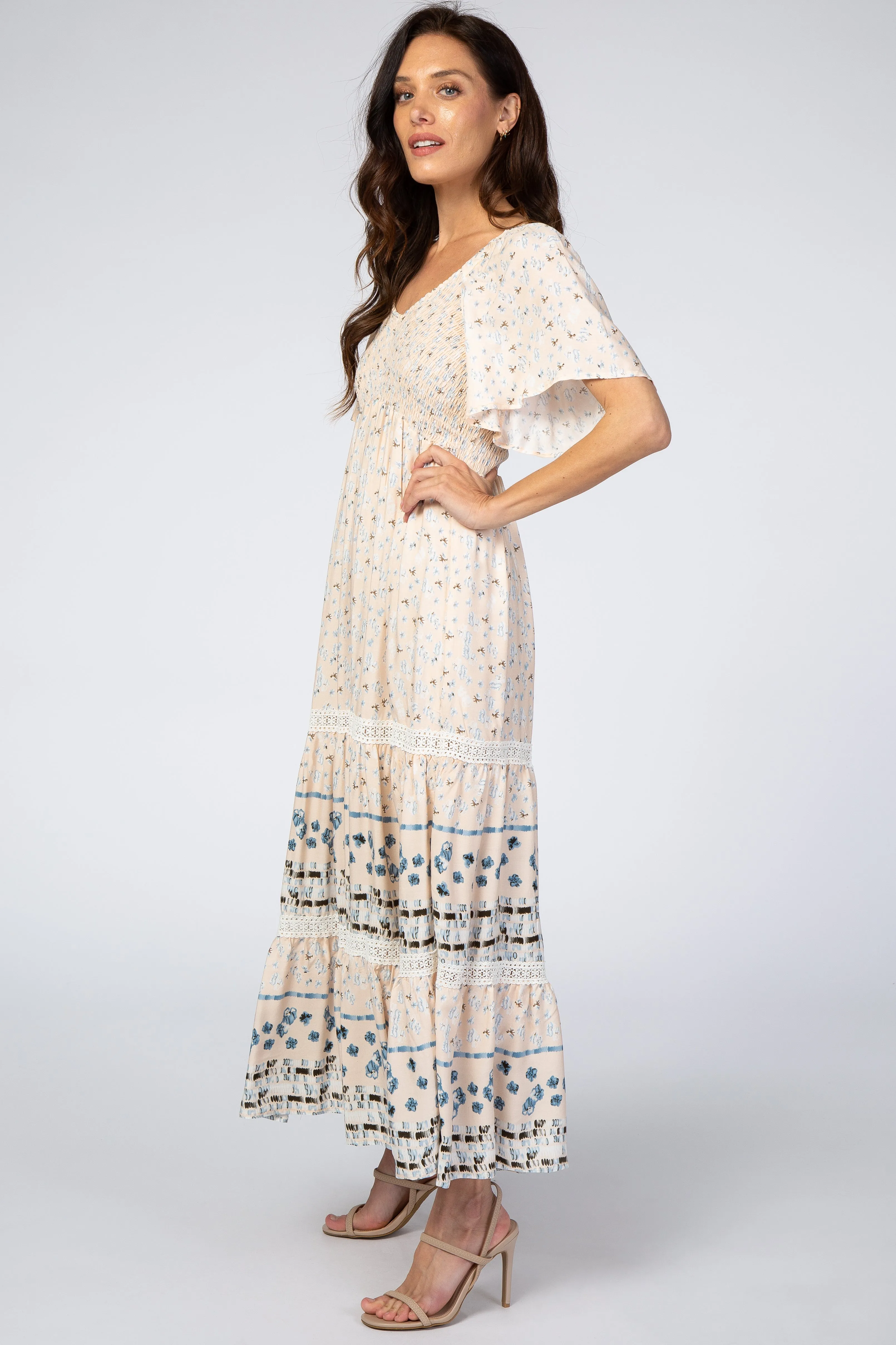 Cream Printed Smocked Midi Dress sold by Pinkblush product image thumbnail 2