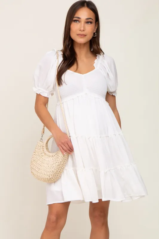 White Smocked Tiered Puff Sleeve Maternity Dress sold by Pinkblush