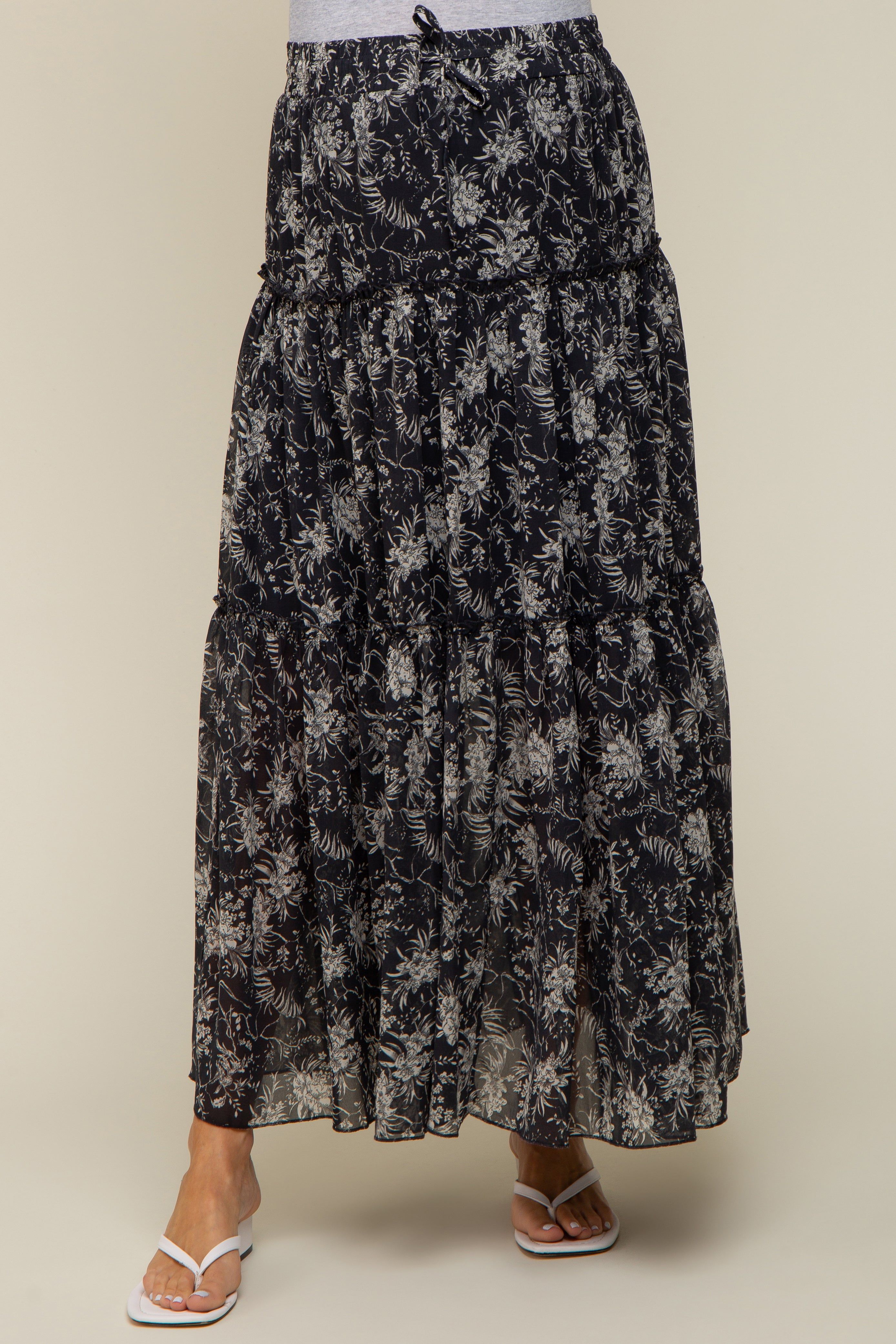 Charcoal Floral Chiffon Drawstring Tiered Maternity Midi Skirt sold by Pinkblush product image thumbnail 3