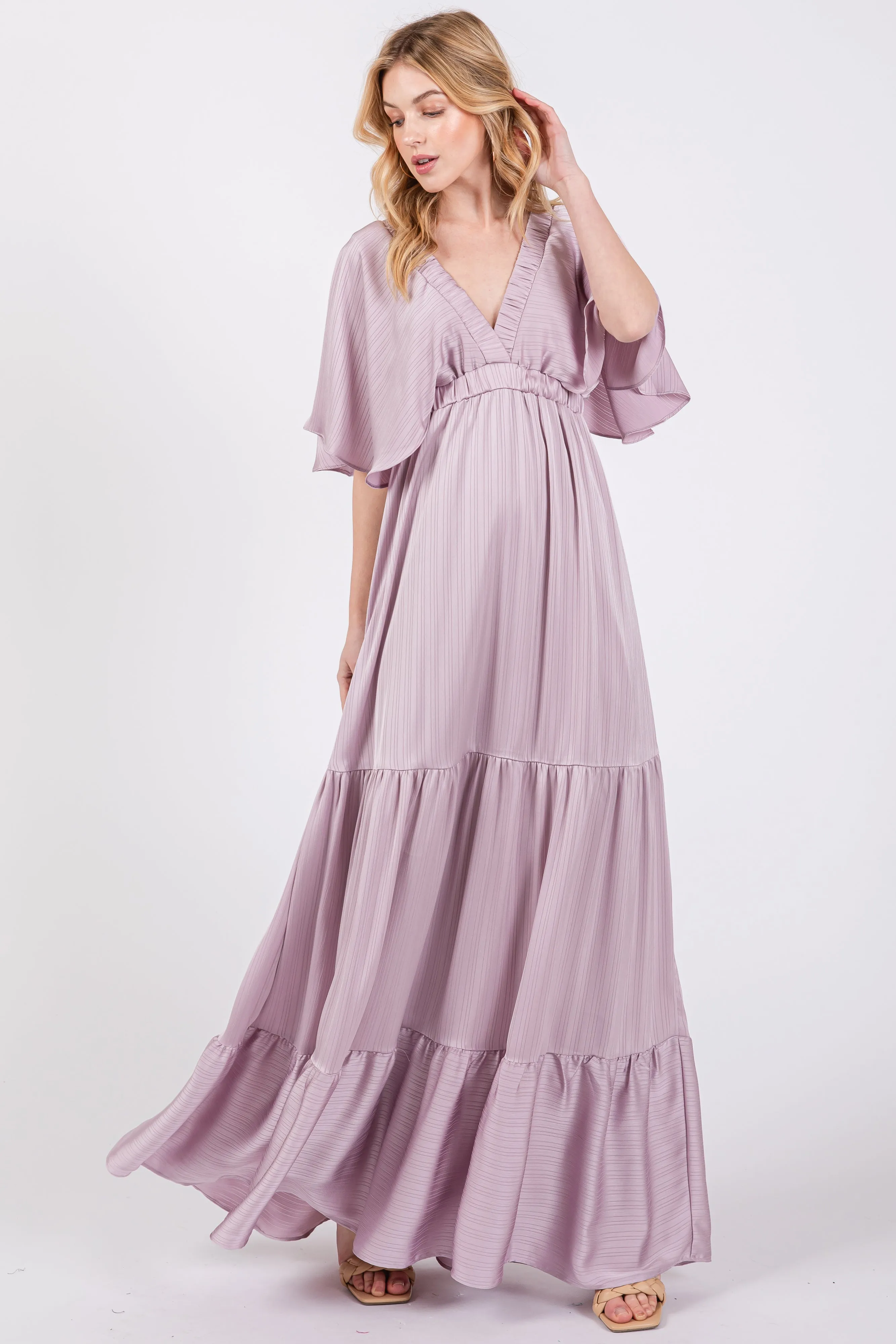 Lavender V-Neck Flutter Sleeve Tiered Maxi Dress sold by Pinkblush