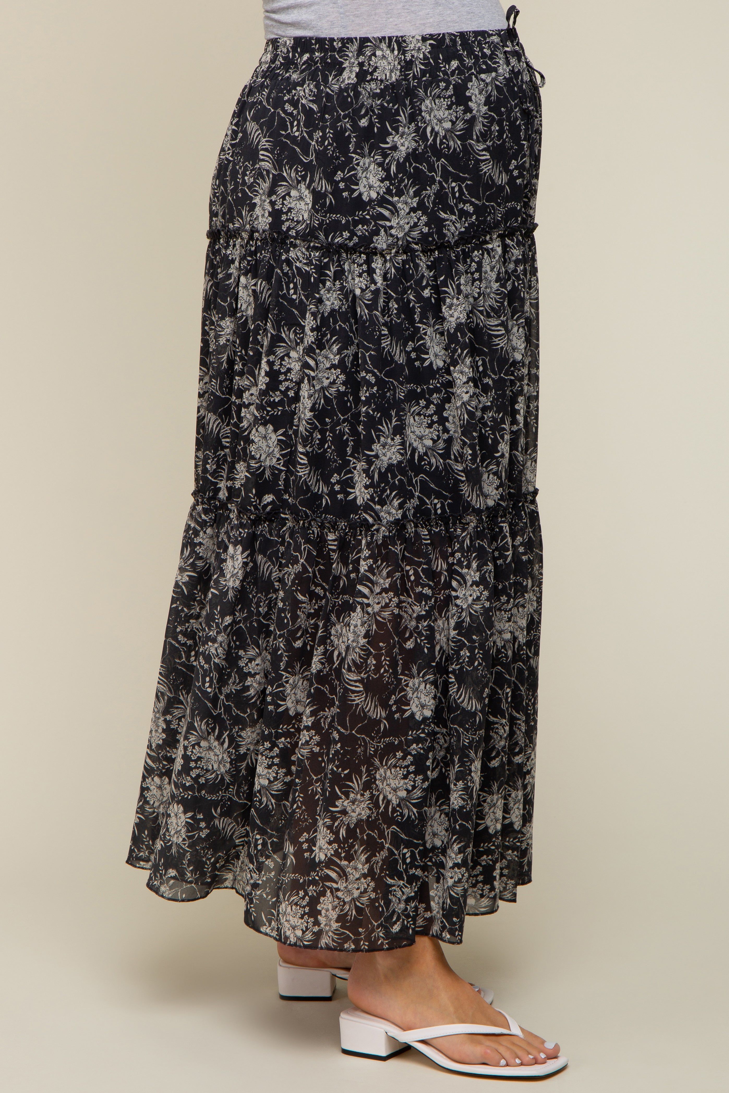 Charcoal Floral Chiffon Drawstring Tiered Maternity Midi Skirt sold by Pinkblush product image thumbnail 4