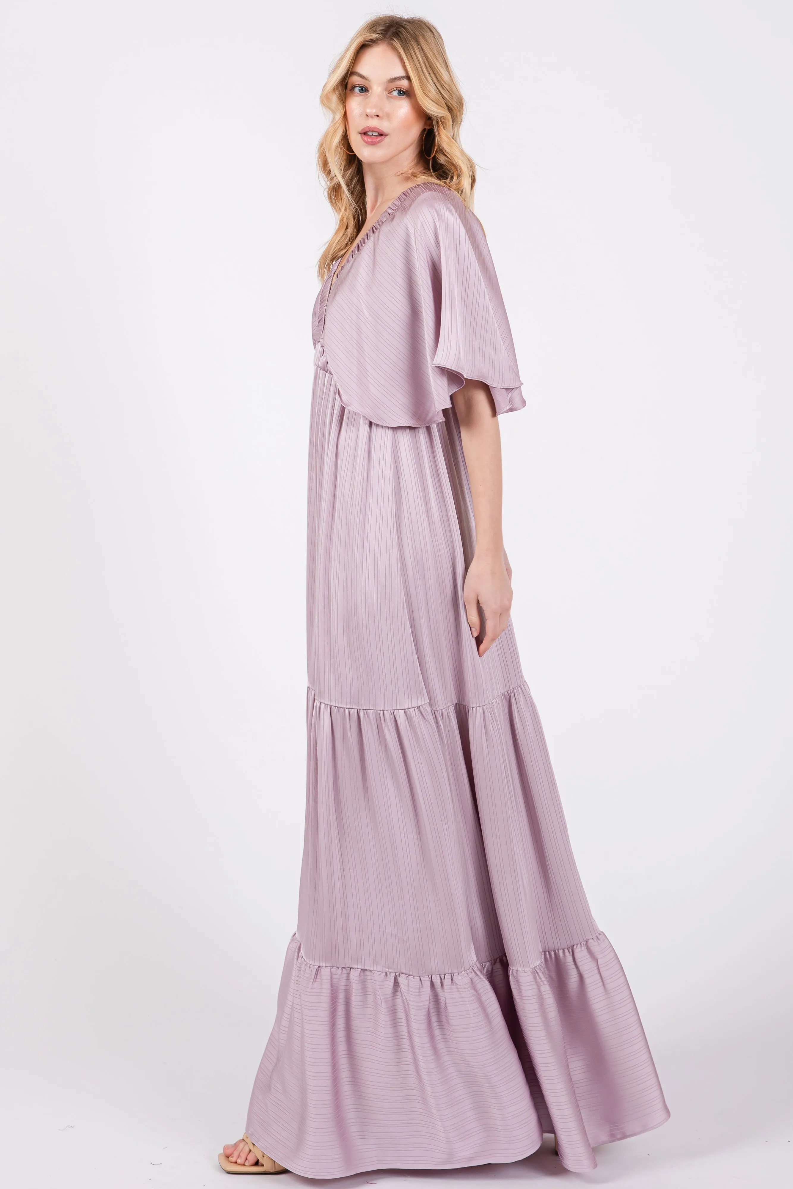 Lavender V-Neck Flutter Sleeve Tiered Maxi Dress sold by Pinkblush product image thumbnail 2