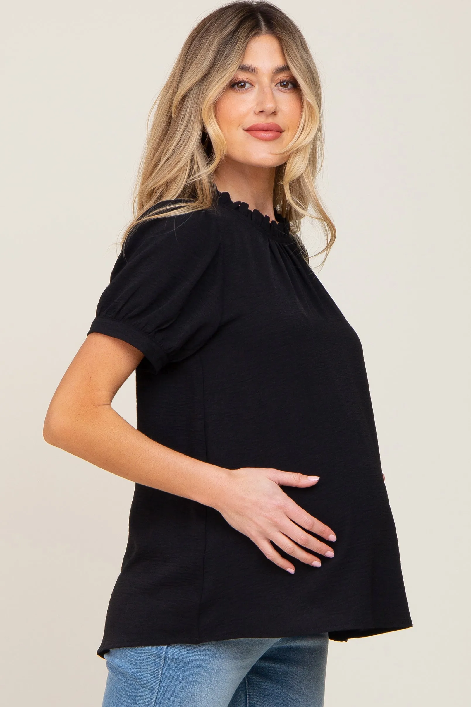 Black Ruffle Mock Neck Maternity Blouse Top sold by Pinkblush product image thumbnail 2