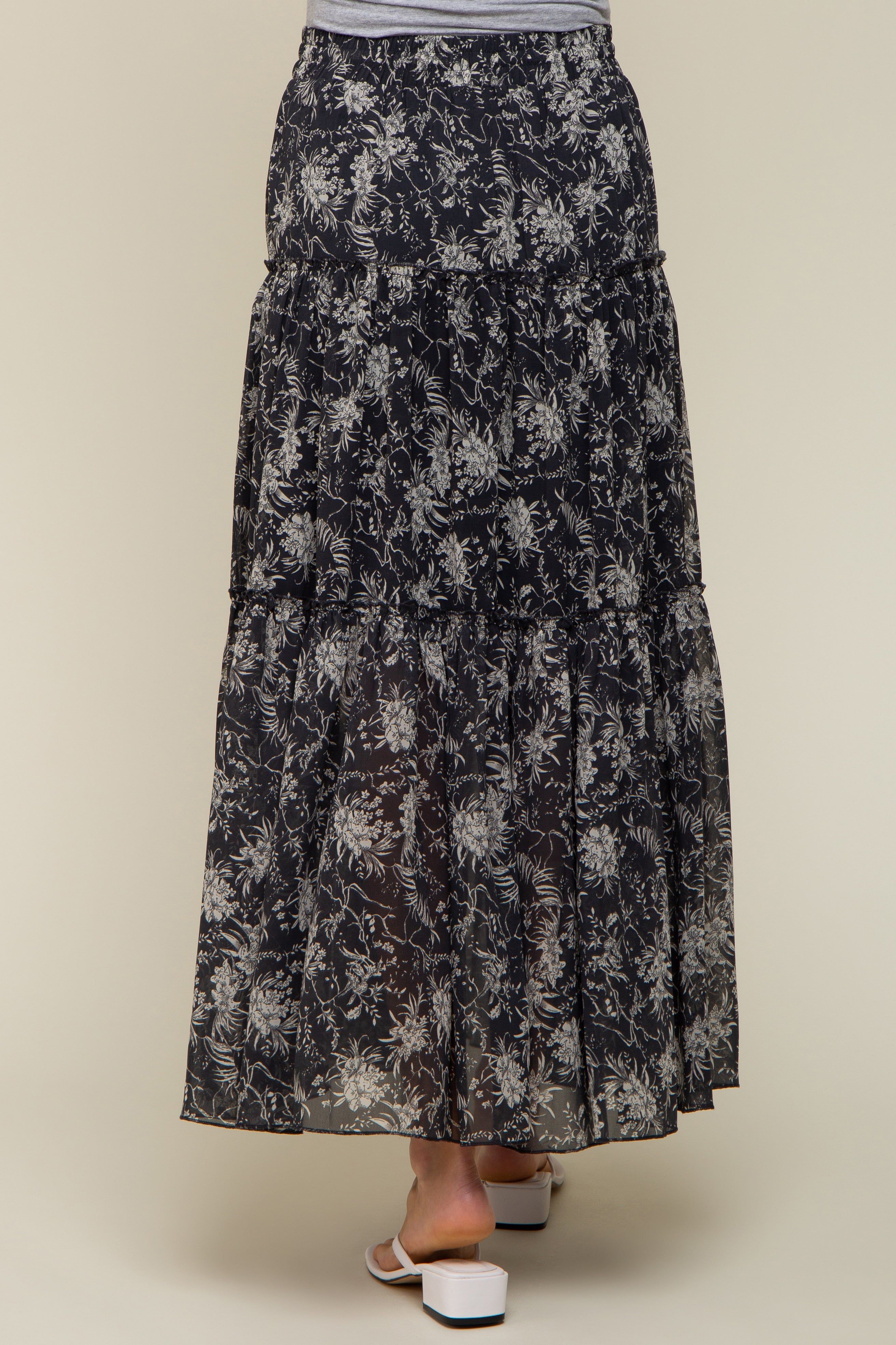 Charcoal Floral Chiffon Drawstring Tiered Maternity Midi Skirt sold by Pinkblush product image thumbnail 5