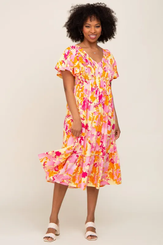Yellow Print Smocked V-Neck Midi Dress sold by Pinkblush