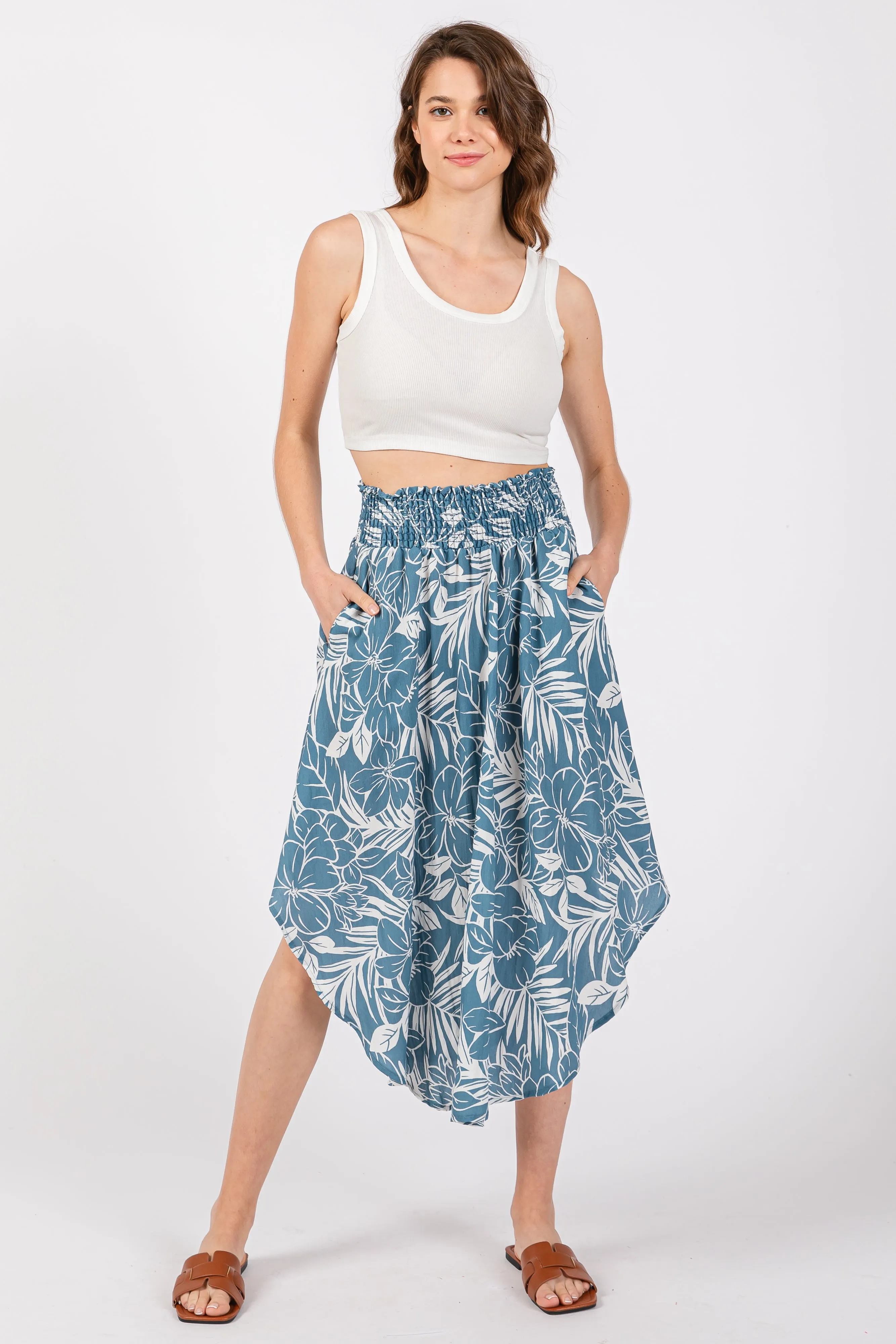 Blue Floral Smocked Waist Round Hem Midi Skirt sold by Pinkblush