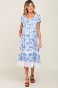 Blue Floral Pleated Eyelet Trim Maternity Midi Dress sold by Pinkblush