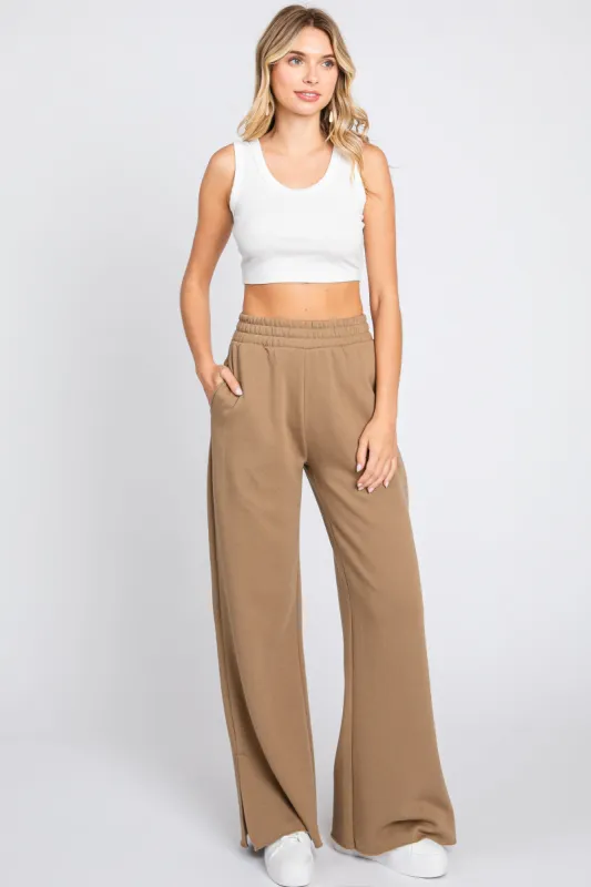Brown Soft Wide Leg Side Slit Sweatpants sold by Pinkblush