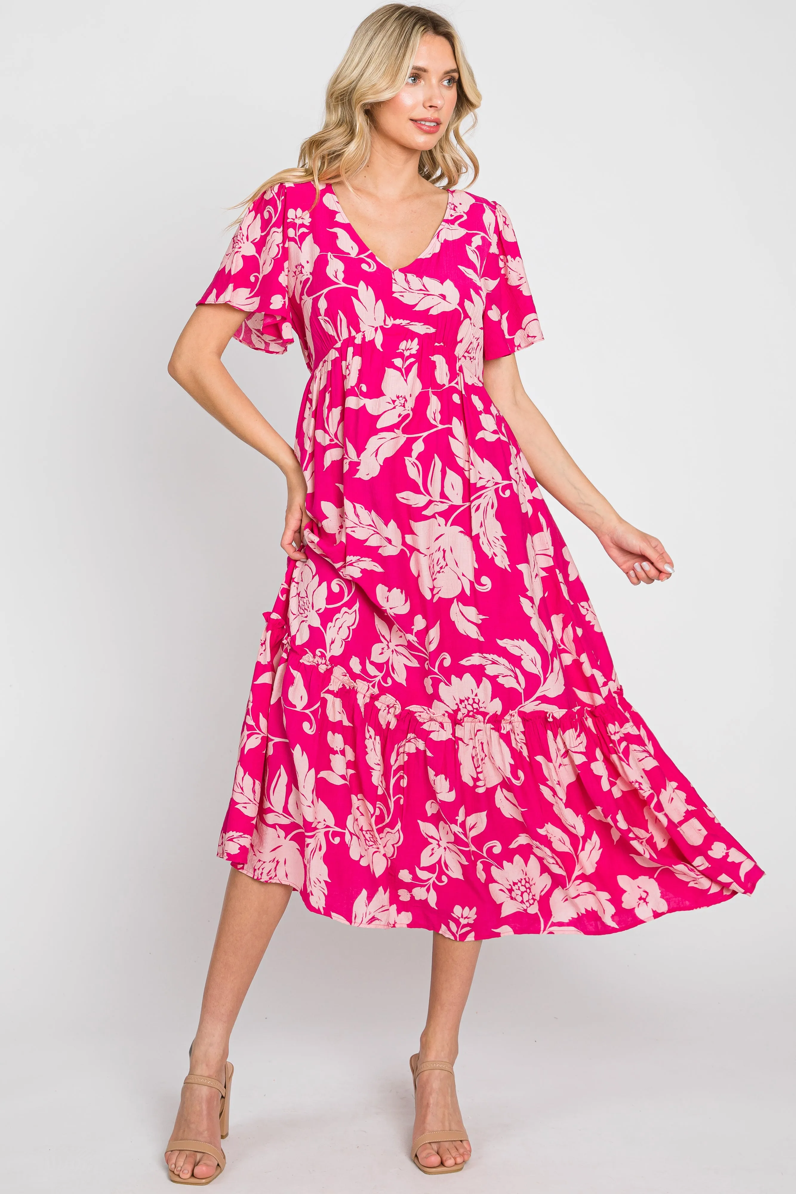 Fuchsia Tropical Print Ruffle Midi Dress sold by Pinkblush