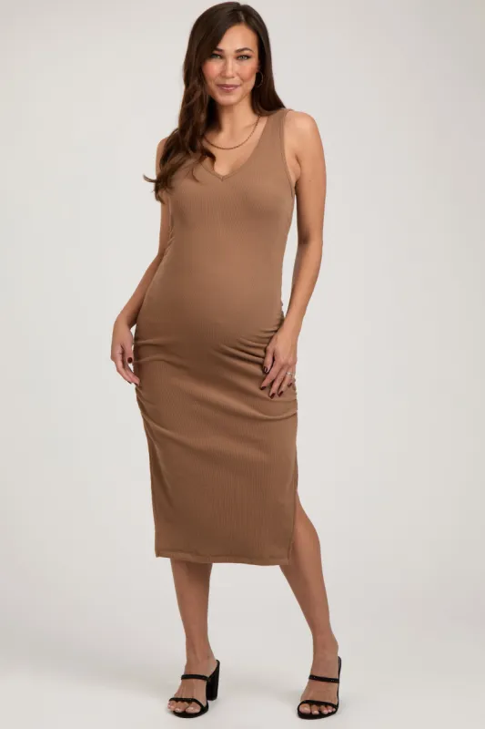 Mocha Ruched V-Neck Maternity Fitted Dress sold by Pinkblush