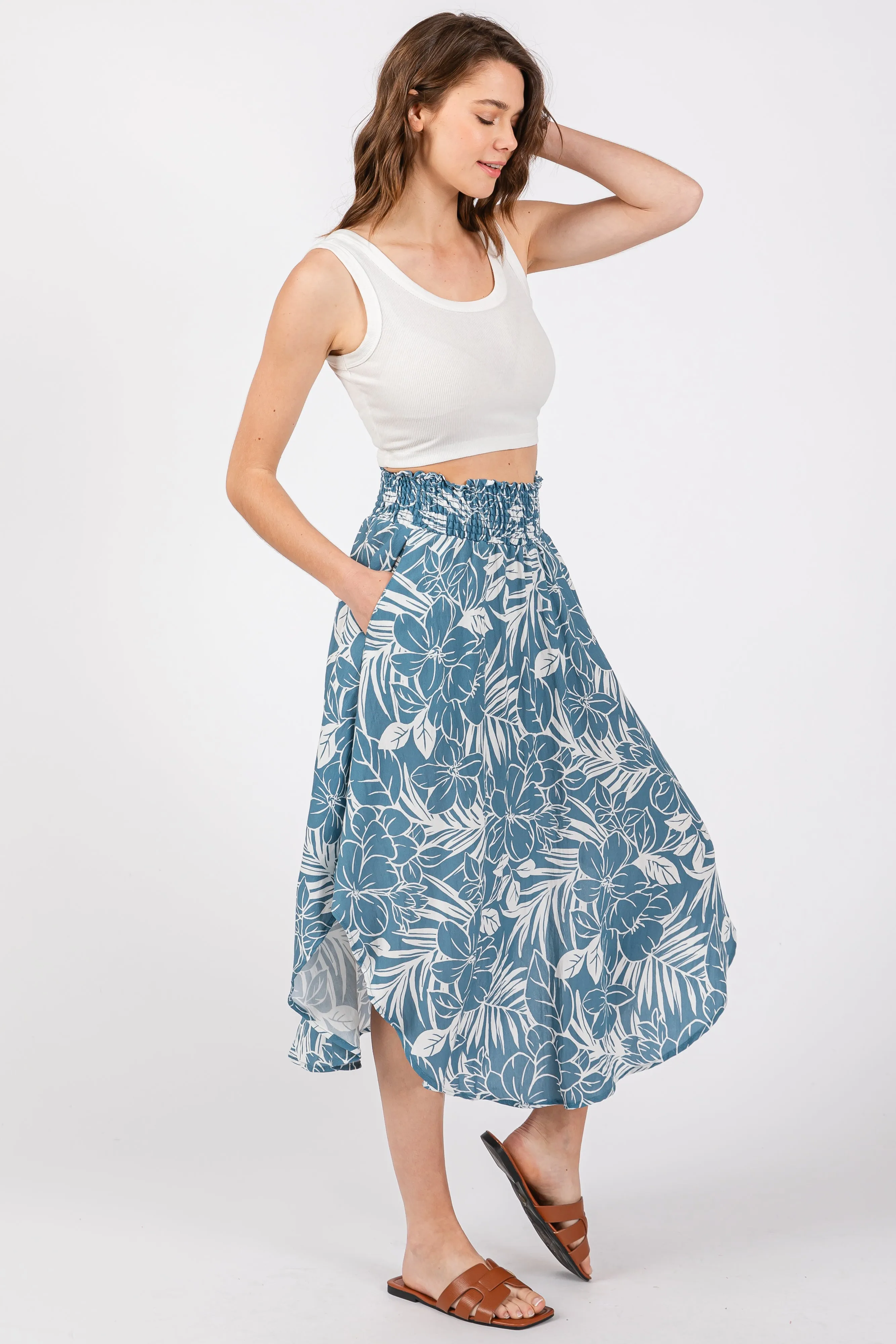Blue Floral Smocked Waist Round Hem Midi Skirt sold by Pinkblush product image thumbnail 2