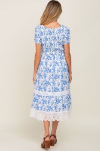Blue Floral Pleated Eyelet Trim Maternity Midi Dress sold by Pinkblush