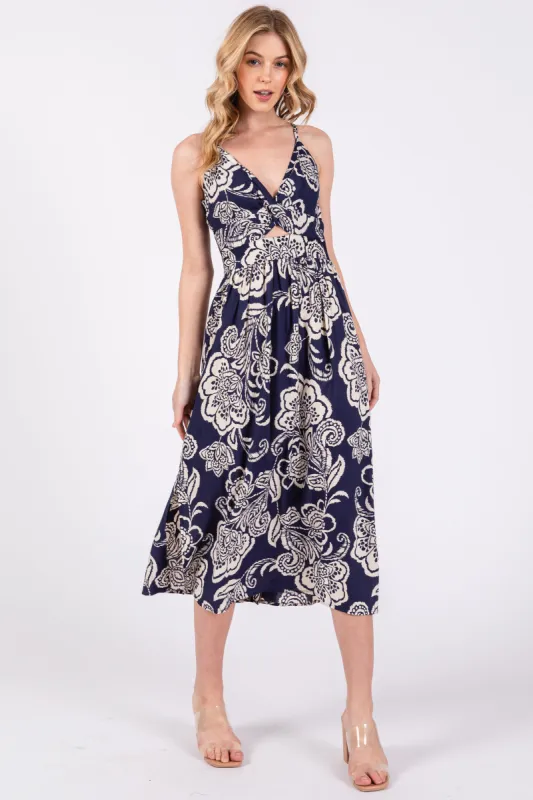 Navy Floral Front Twist Midi Dress sold by Pinkblush