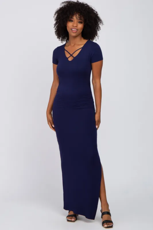 Navy Cross Front Ruched Maxi Dress made by Pinkblush