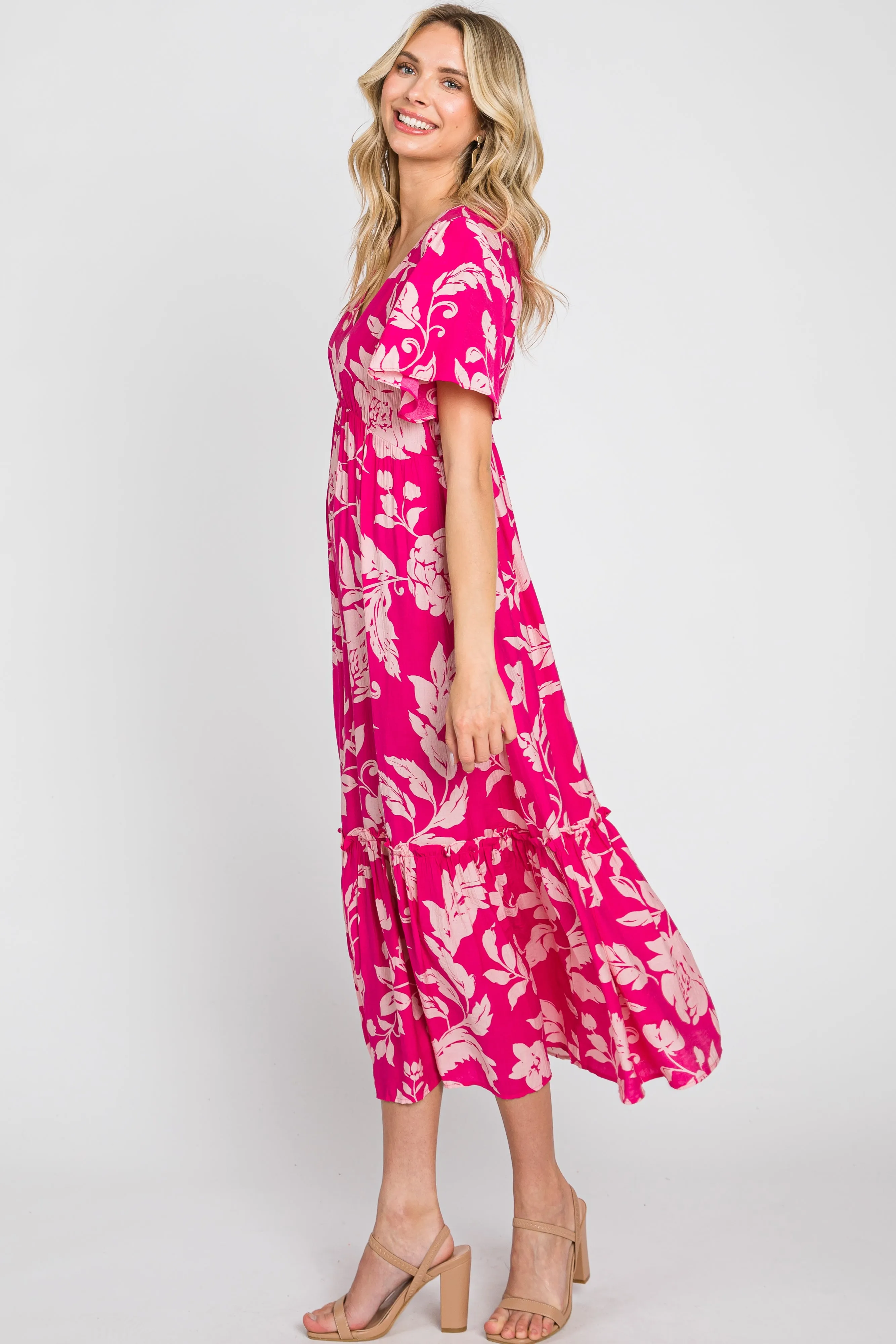Fuchsia Tropical Print Ruffle Midi Dress sold by Pinkblush product image thumbnail 2