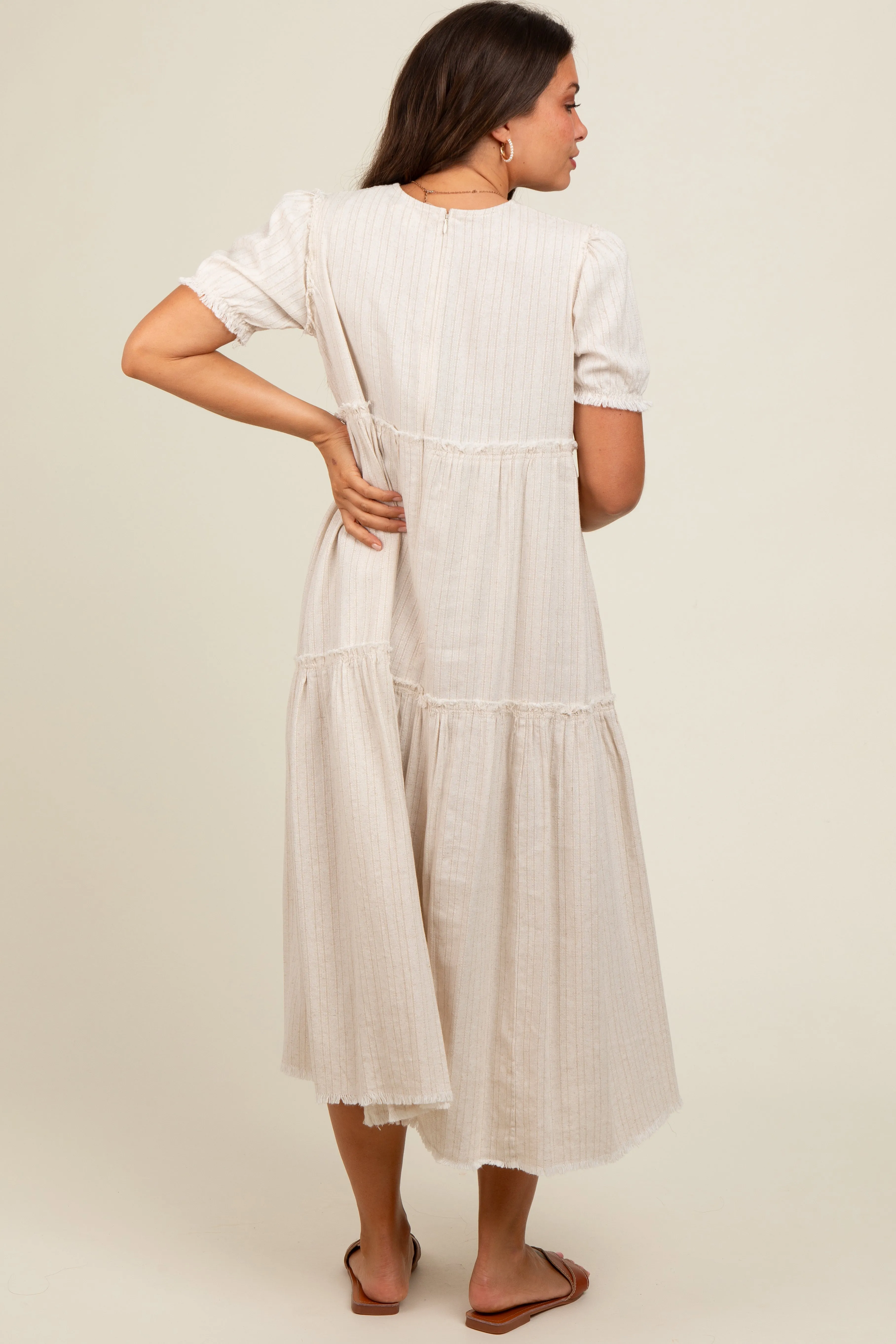 Beige Striped Fringe Accent Tiered Maternity Maxi Dress sold by Pinkblush product image thumbnail 2
