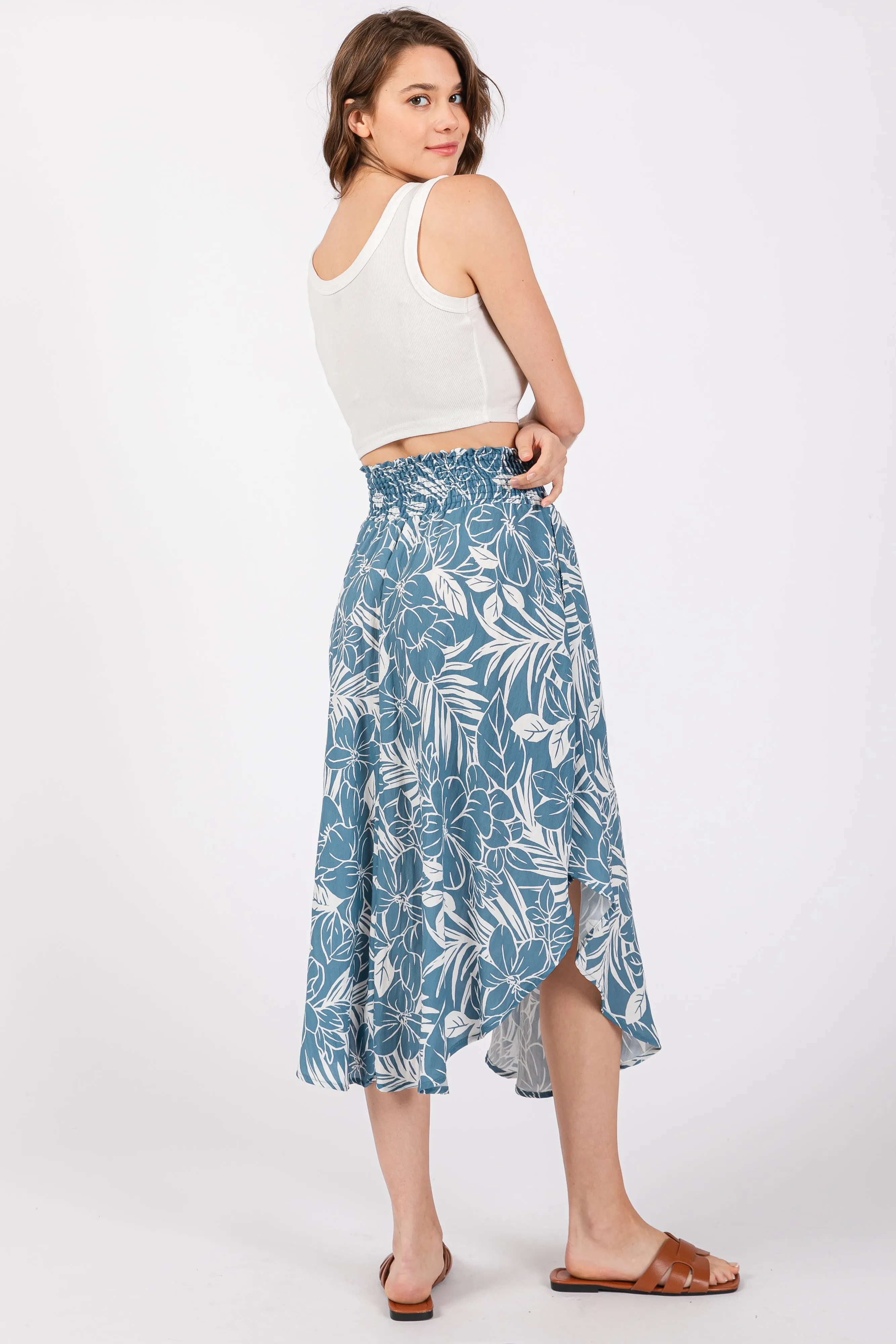 Blue Floral Smocked Waist Round Hem Midi Skirt sold by Pinkblush product image thumbnail 3