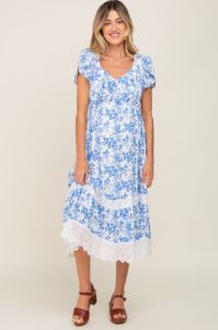 Blue Floral Pleated Eyelet Trim Maternity Midi Dress sold by Pinkblush