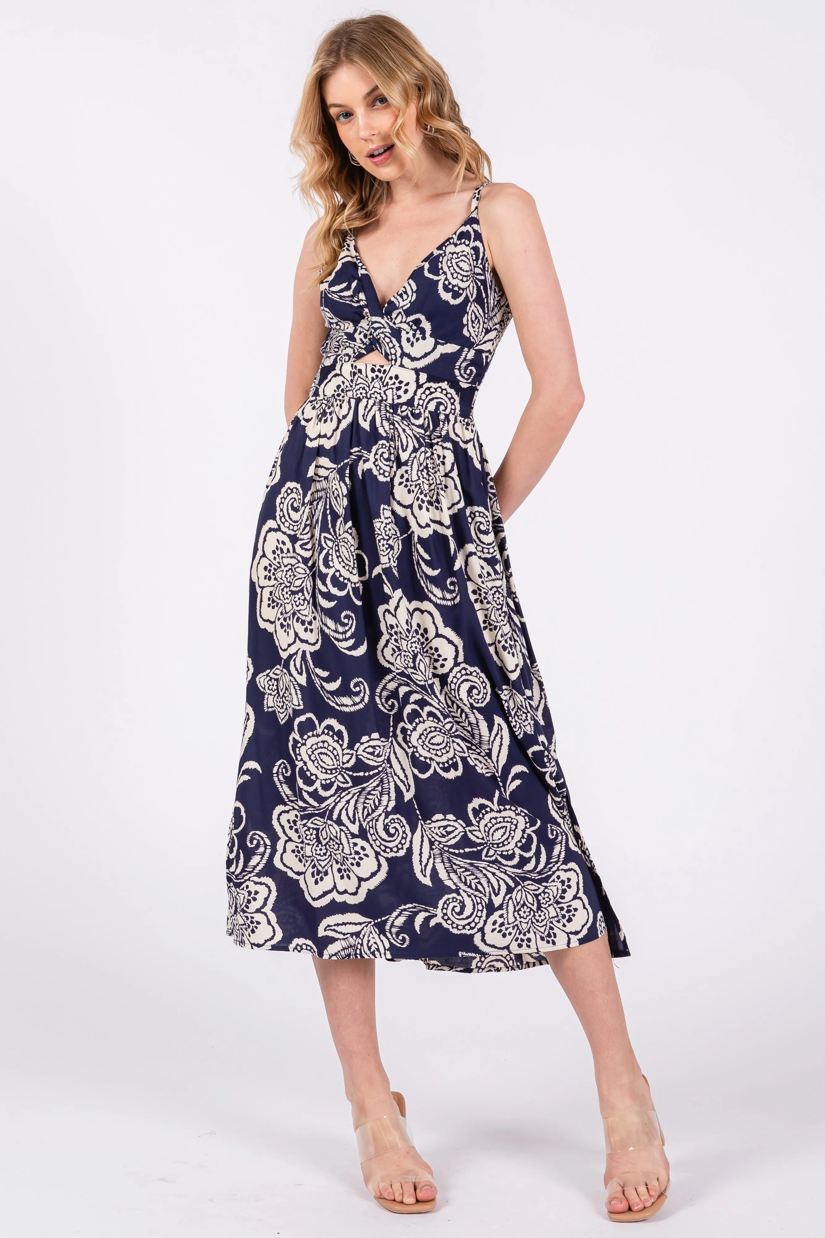 Navy Floral Front Twist Midi Dress sold by Pinkblush product image thumbnail 2