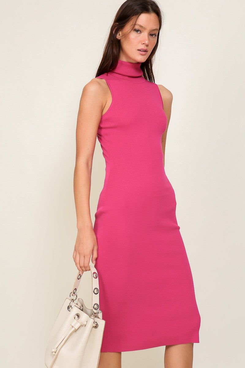 Fuchsia Knit Fitted Turtleneck Midi Dress sold by Pinkblush product image thumbnail 2