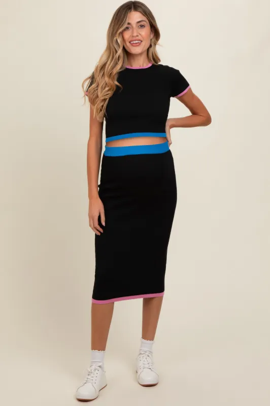 Black Colorblock Crop Top and Skirt Maternity Set sold by Pinkblush