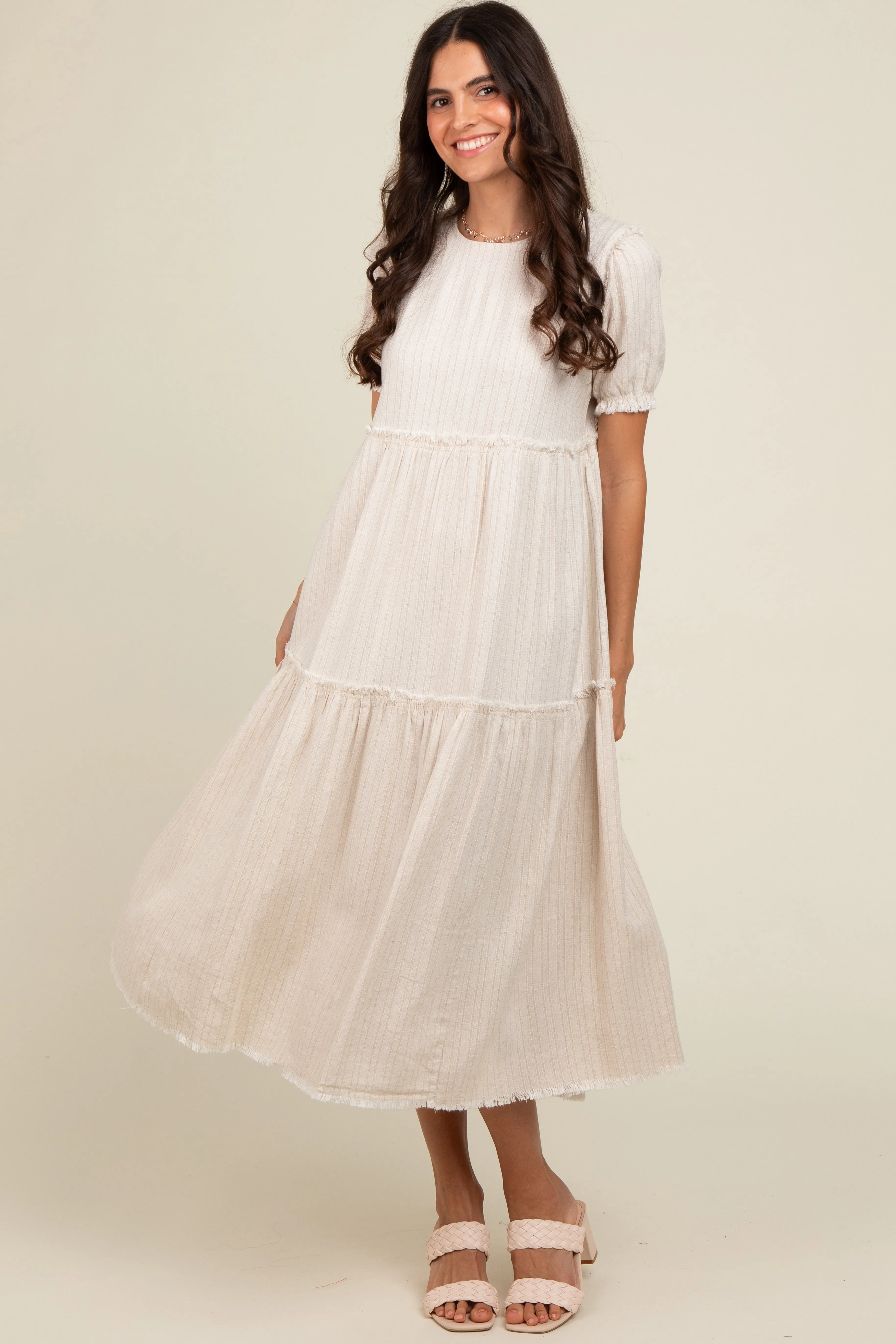 Beige Striped Fringe Accent Tiered Maternity Maxi Dress sold by Pinkblush product image thumbnail 3