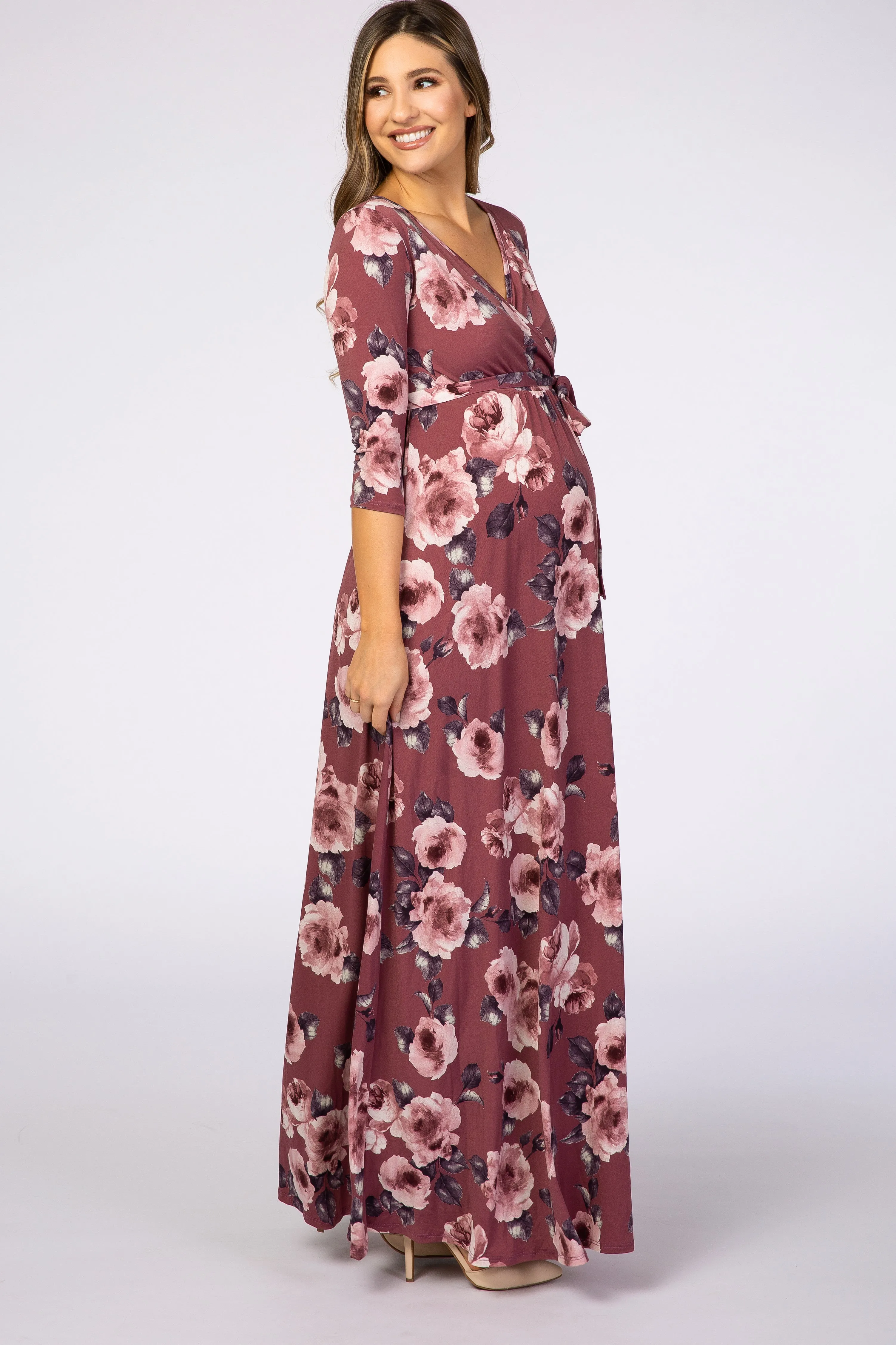 PinkBlush Mauve Abstract Floral Sash Tie Maternity/Nursing Maxi Dress sold by Pinkblush product image thumbnail 2
