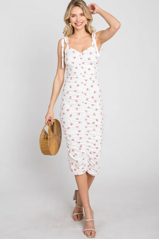 Ivory Floral Sleeveless Ruched Midi Dress sold by Pinkblush