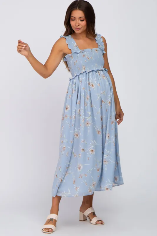 Light Blue Floral Smocked Square Neck Sleeveless Maternity Midi Dress sold by Pinkblush