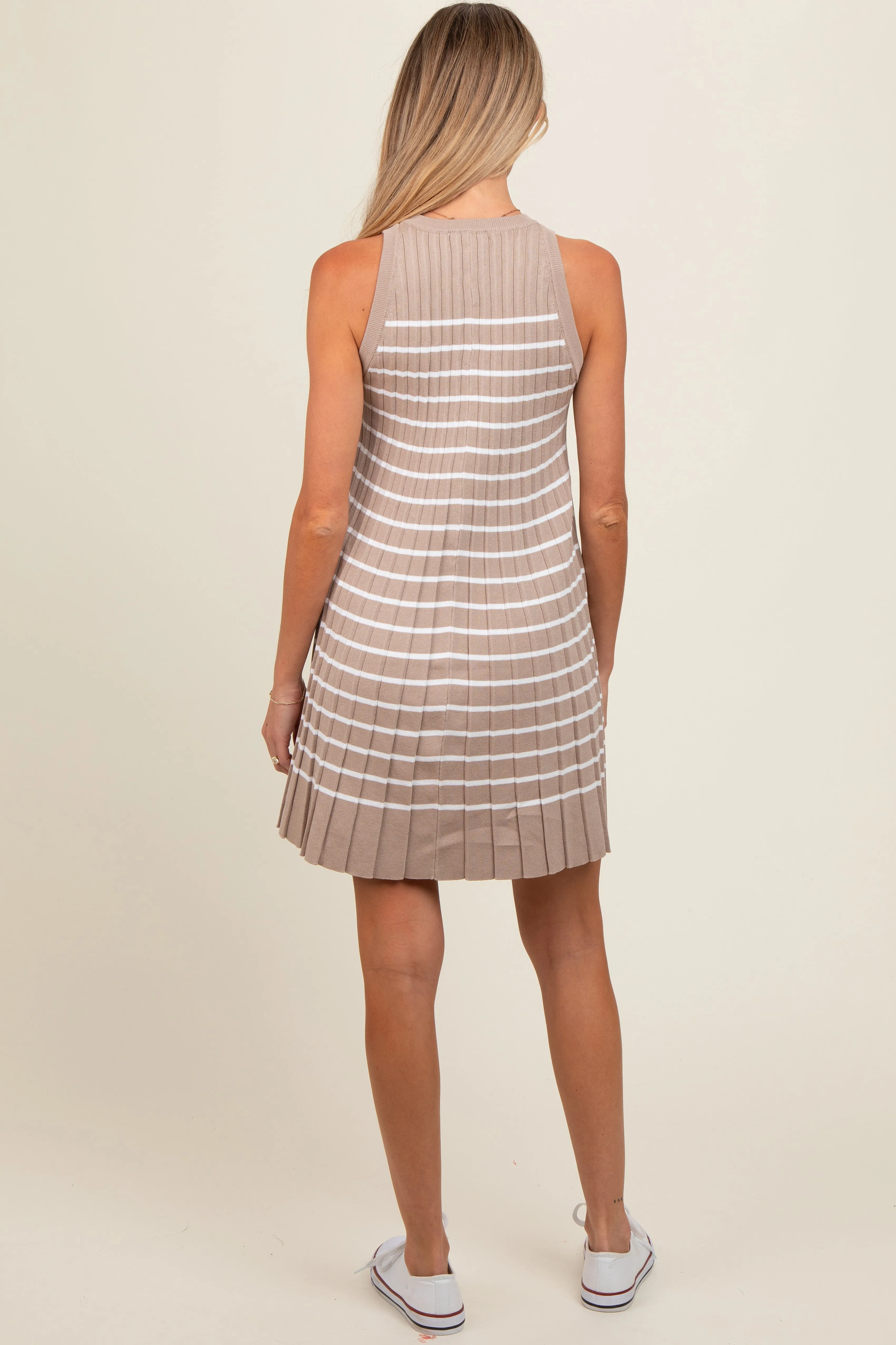 Taupe Striped Sleeveless Pleated Maternity Mini Dress sold by Pinkblush product image thumbnail 4