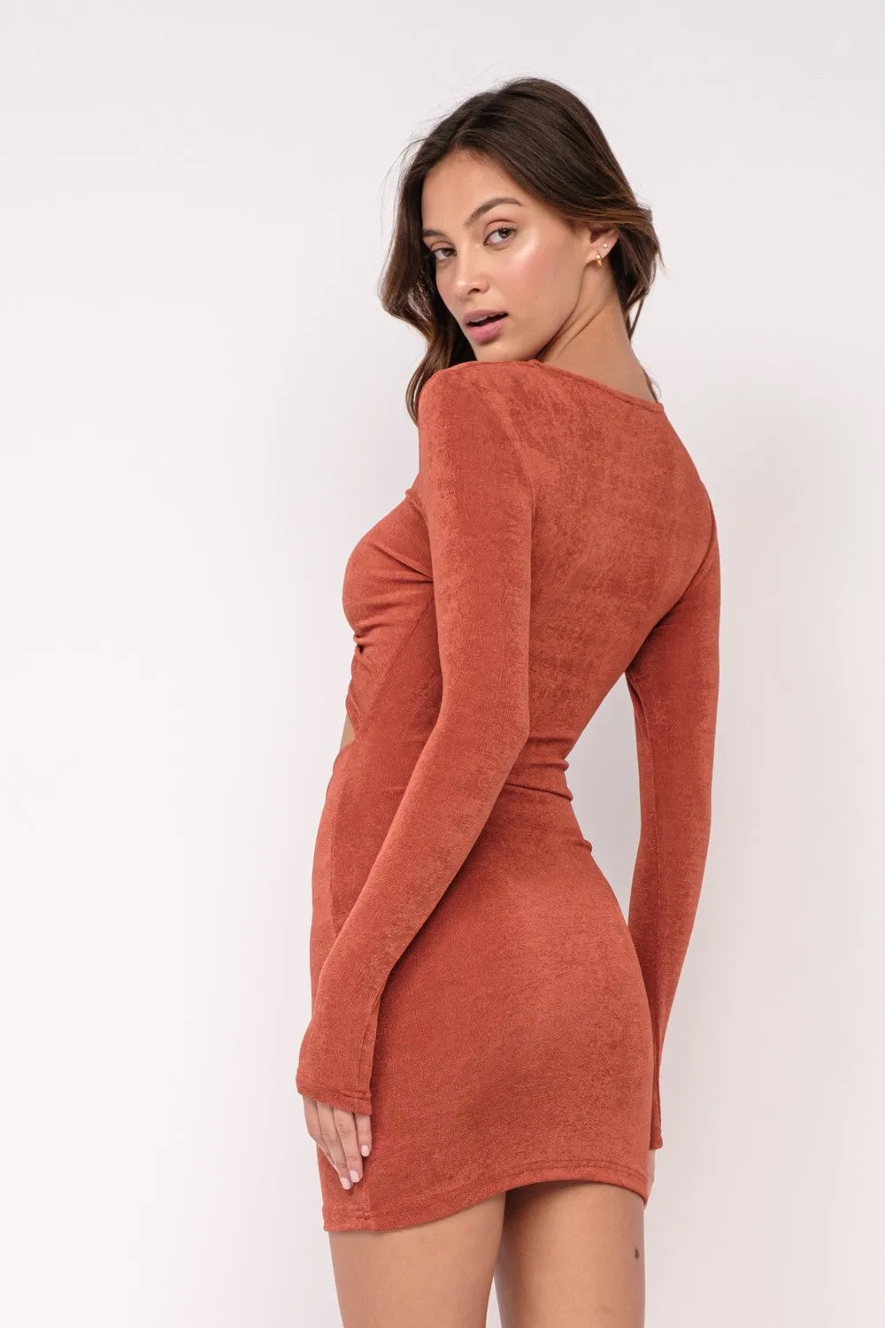 Orange Brown V-Neck Long Sleeve Front Cutout Tie Mini Dress sold by Pinkblush product image thumbnail 5