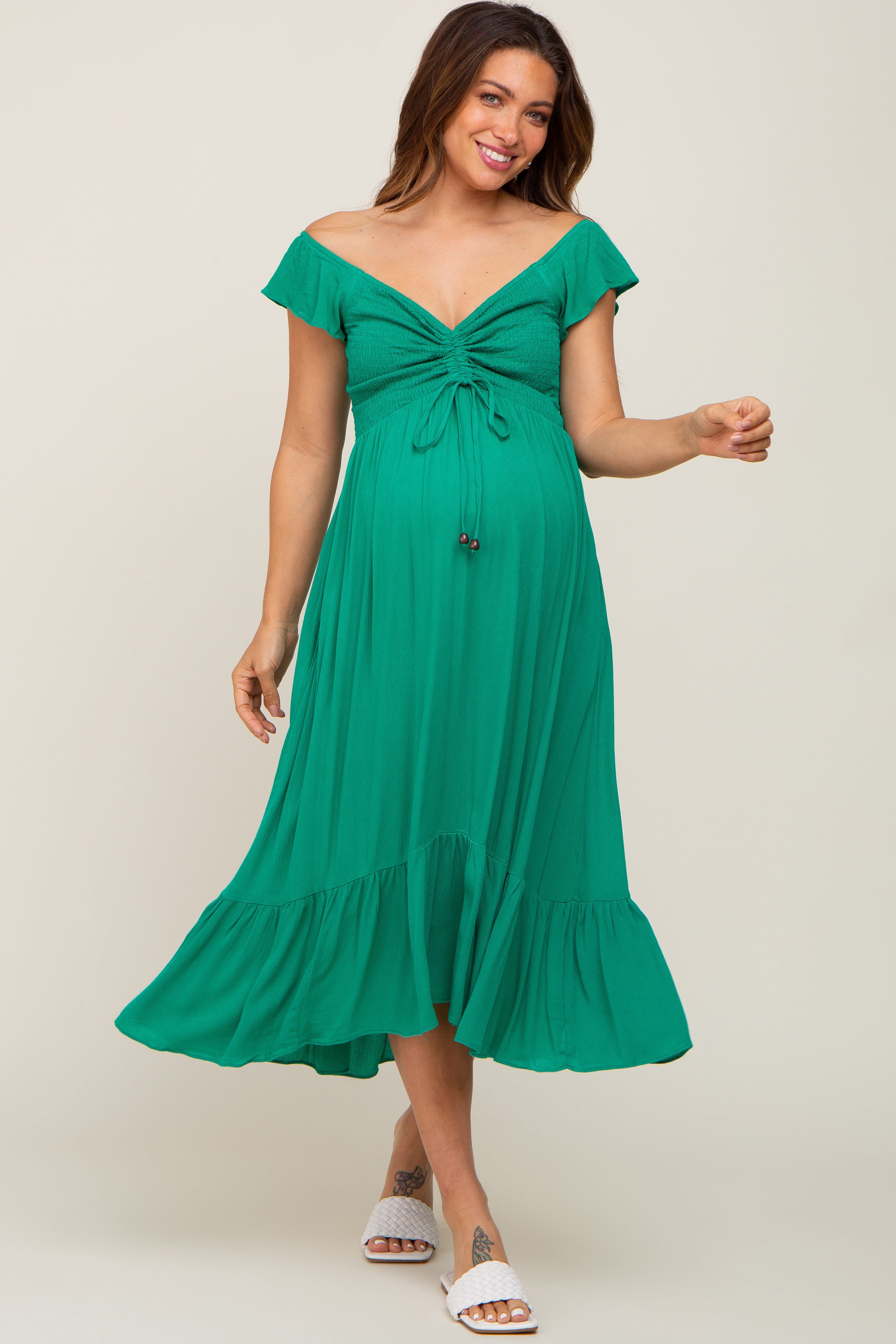 Green Smocked Ruched Ruffle Hem Maternity Maxi Dress sold by Pinkblush product image thumbnail 5