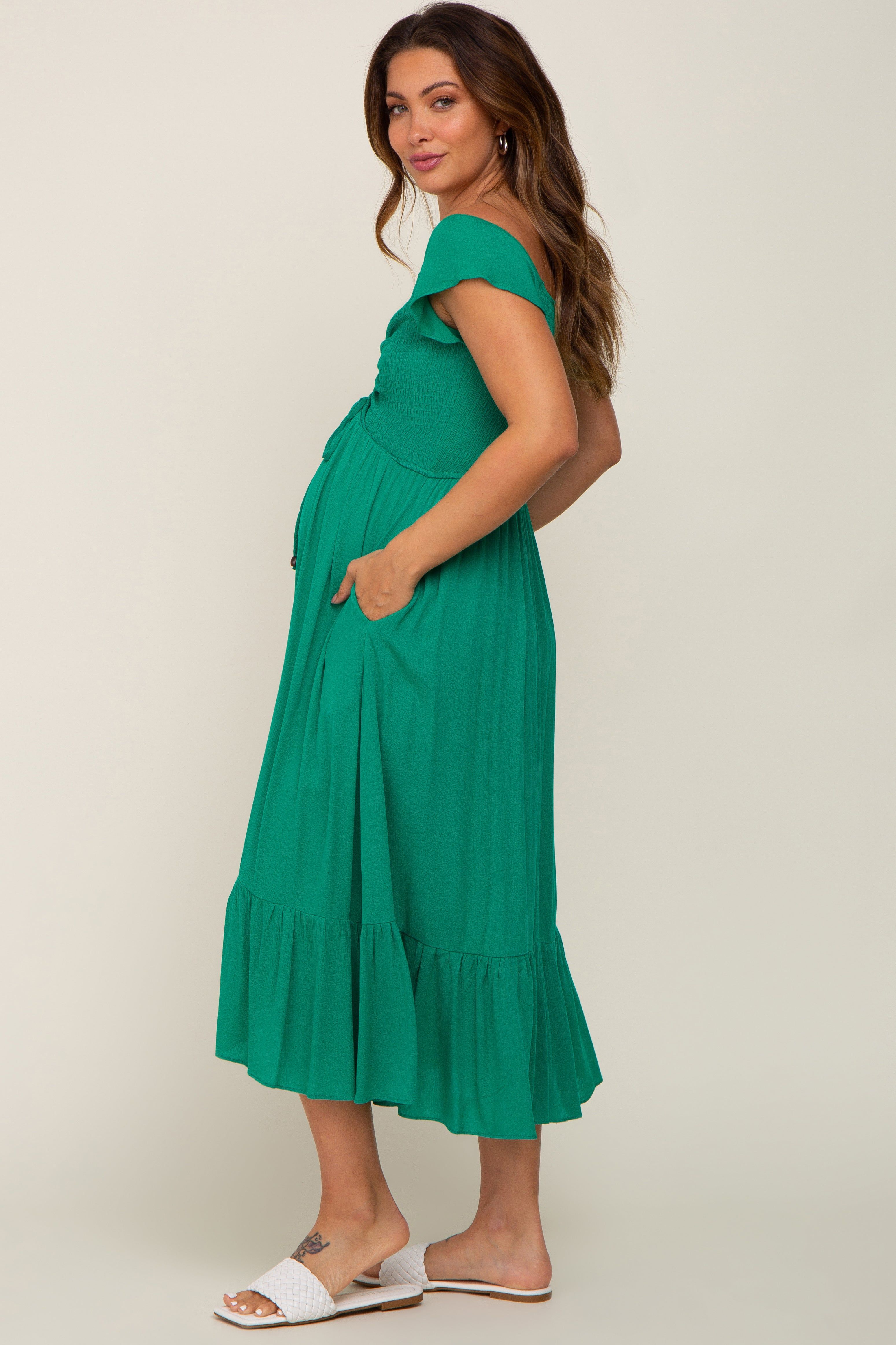 Green Smocked Ruched Ruffle Hem Maternity Maxi Dress sold by Pinkblush product image thumbnail 2
