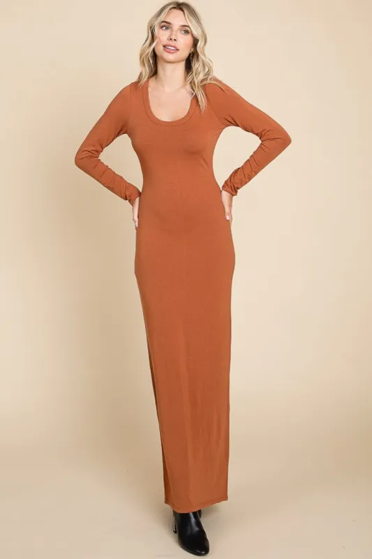 Camel Solid Long Sleeve Scoop Neck Maxi Dress sold by Pinkblush