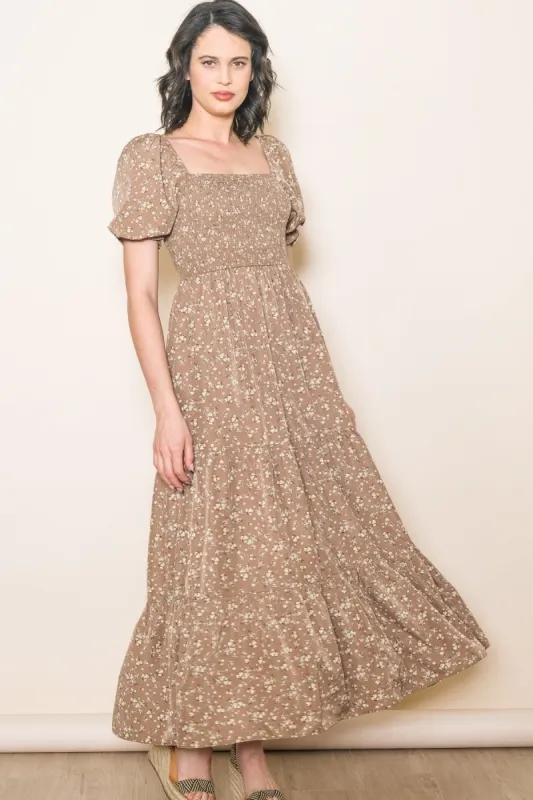 Mocha Floral Short Sleeve Maxi Dress sold by Pinkblush