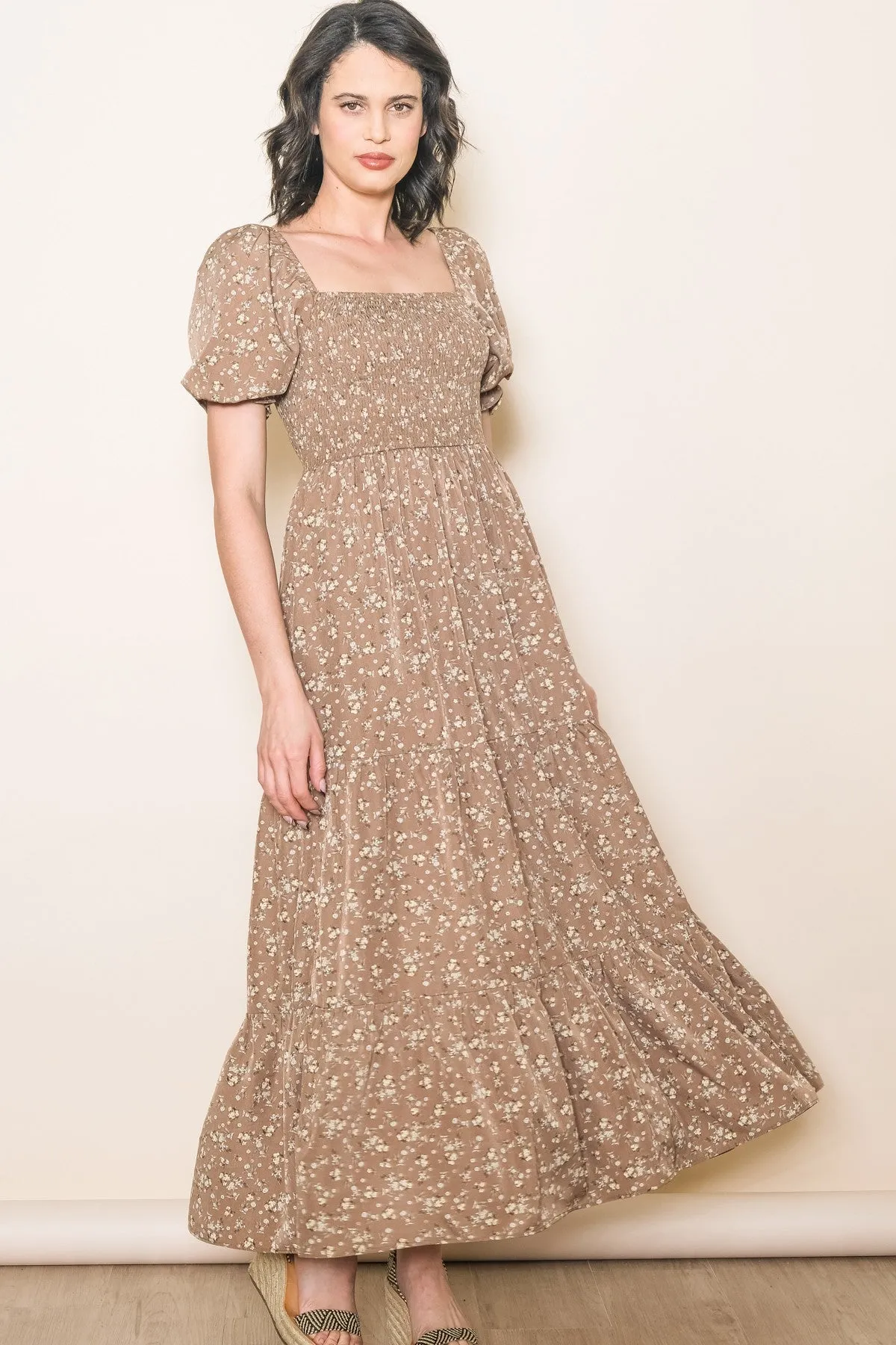 Mocha Floral Short Sleeve Maxi Dress sold by Pinkblush