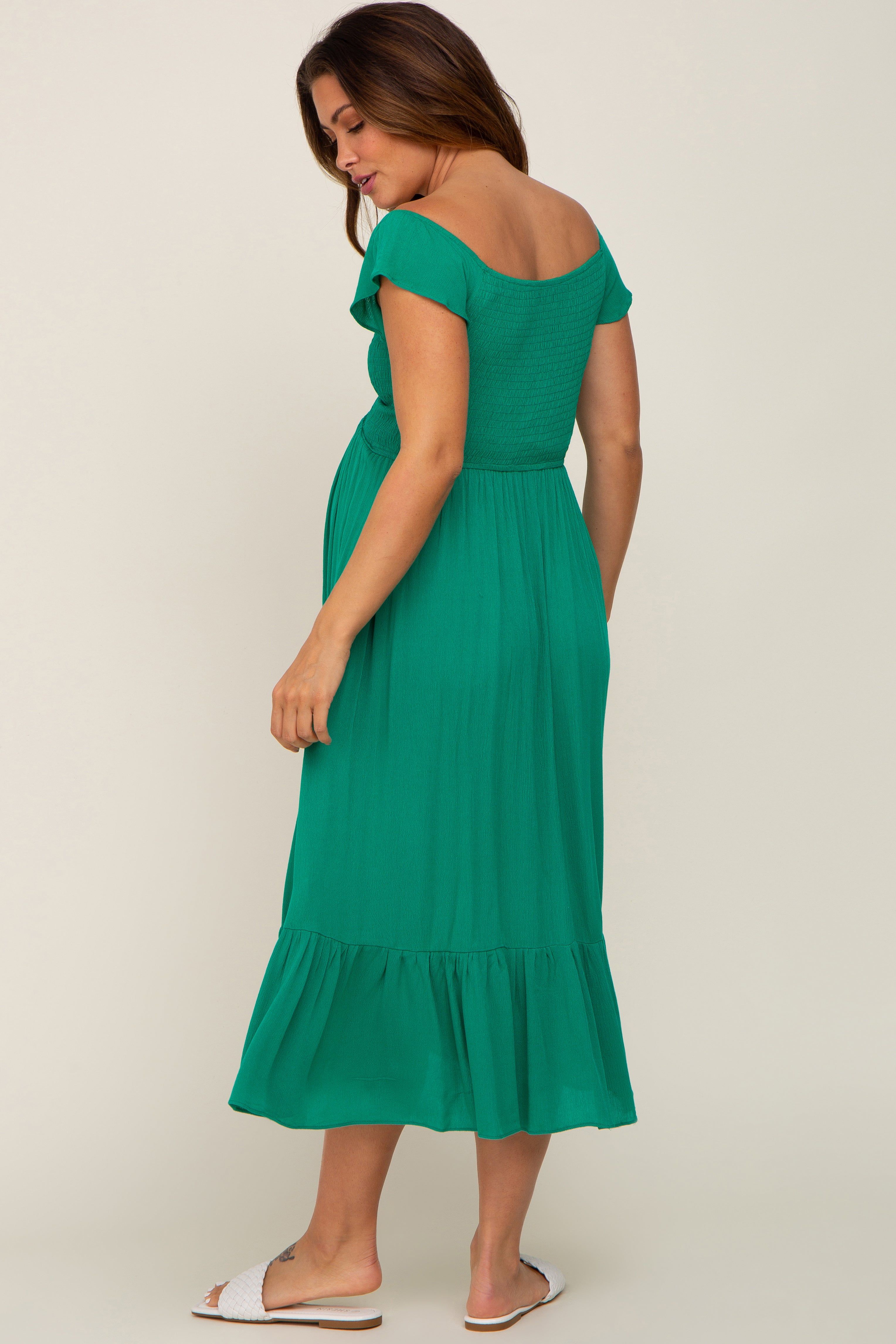 Green Smocked Ruched Ruffle Hem Maternity Maxi Dress sold by Pinkblush product image thumbnail 3