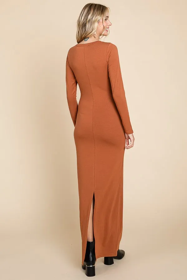 Camel Solid Long Sleeve Scoop Neck Maxi Dress sold by Pinkblush product image thumbnail 3