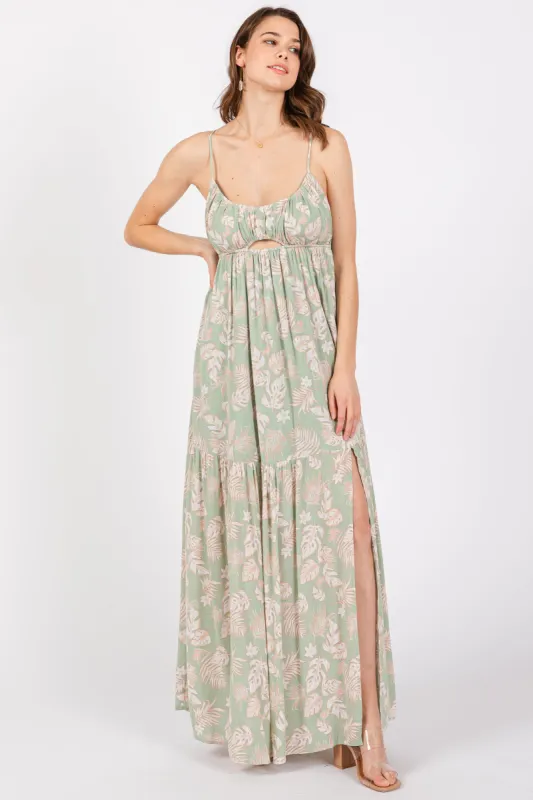 Light Olive Foral Front Cutout Open Cross Back Maxi Dress sold by Pinkblush