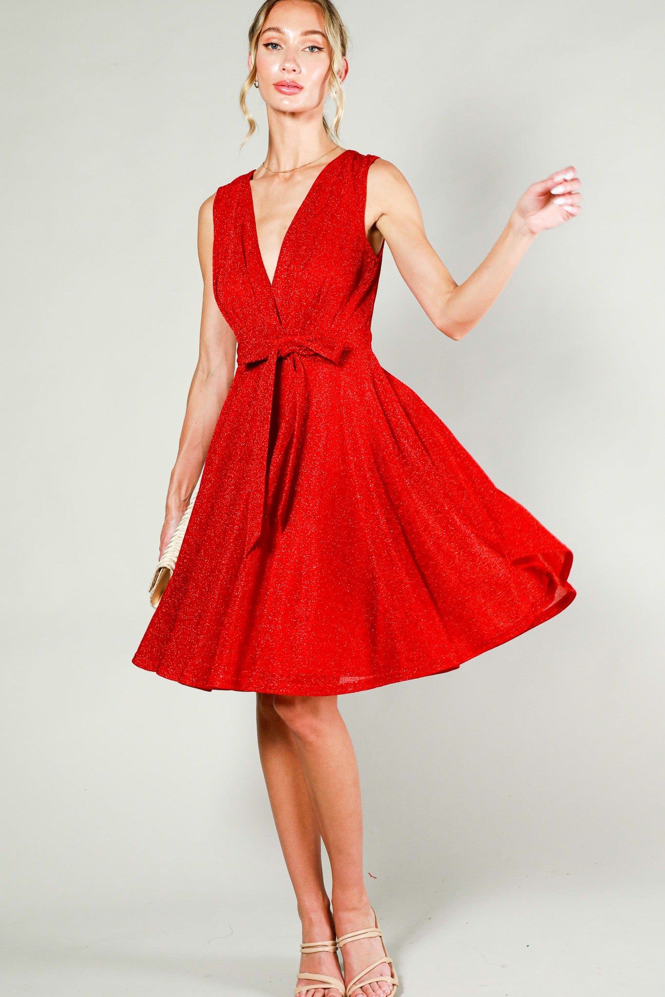 Red V-Neck Sleeveless Tie Waist Metalic Mini Dress sold by Pinkblush product image thumbnail 2